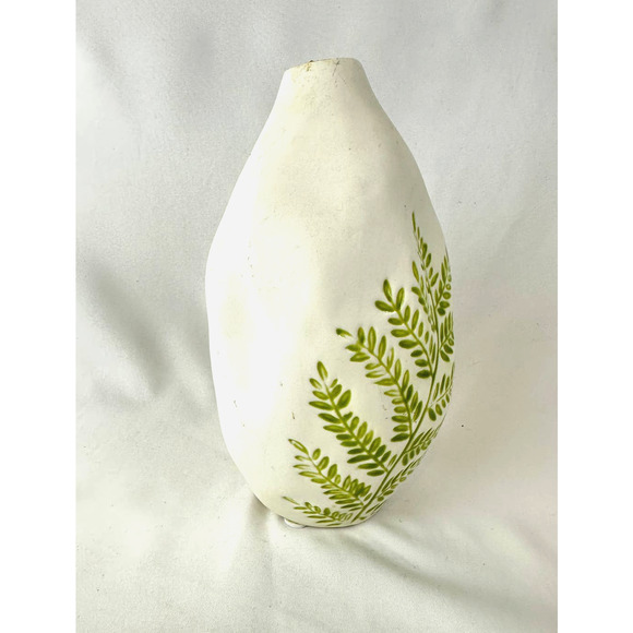 Rustic Fern Pottery Vase Organic Shape Warm White Green Fern Leaves - Picture 4 of 12